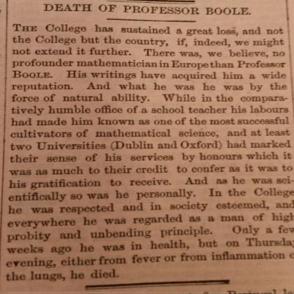 Death of Professor Boole, Queen's College.
